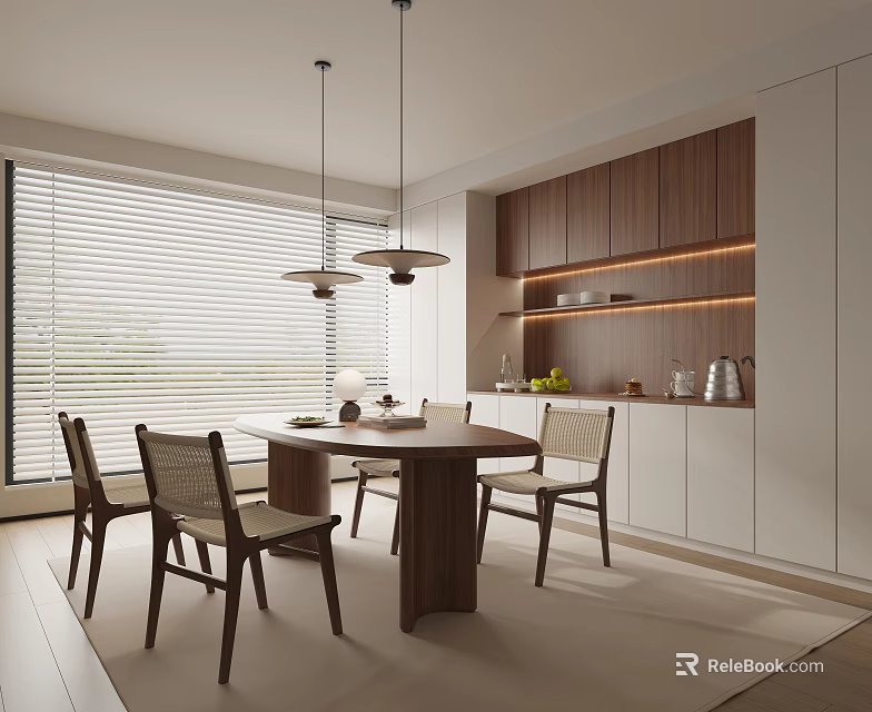 Modern Restaurant Dining Area With Wooden Table Chairs White Cabinets Hanging Lights And Blinds 3d model 