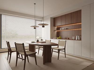 Modern Restaurant Dining Area With Wooden Table Chairs White Cabinets Hanging Lights And Blinds 3d model