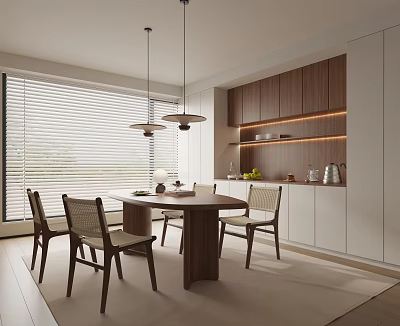 Modern Restaurant Dining Area With Wooden Table Chairs White Cabinets Hanging Lights And Blinds 3d model