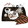 Fresh Cinnamon Roll with Hot Coffee on Wooden Tray and Plaid Cloth Decoration