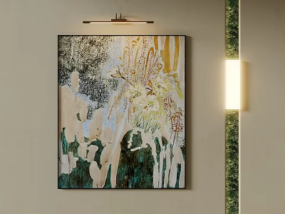 Abstract Oil Painting Hanging on Neutral Wall with Wall Light and Green Plant Decoration 3d model