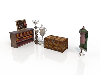 Vintage Display Cabinet Trophies Wooden Chest And Mannequin Decorative Collection 3d model