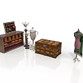 Vintage Display Cabinet Trophies Wooden Chest And Mannequin Decorative Collection