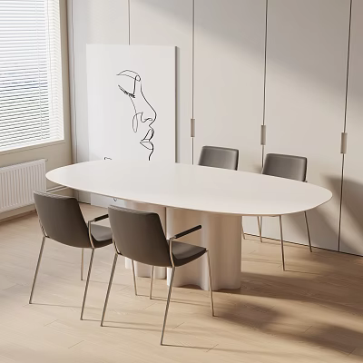 Minimalist Modern Dining Table Set With White Oval Table And Four Grey Chairs 3d model