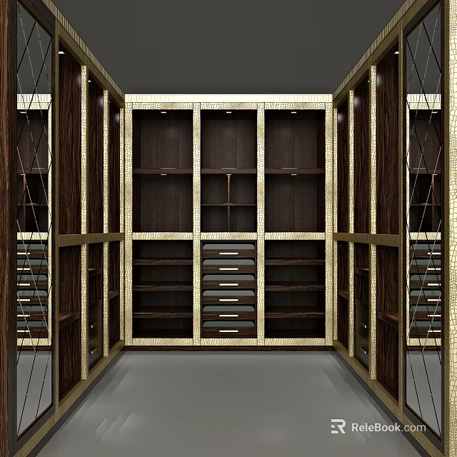 Modern Wooden Wardrobe Interior With Gold Trim Drawers And Shelves Design 3d model 