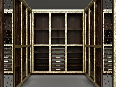 Modern Wooden Wardrobe Interior With Gold Trim Drawers And Shelves Design 3d model