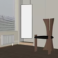 Wooden Dining Chair With Black Seat In Modern Interior With Window Blinds And Pendant Lights