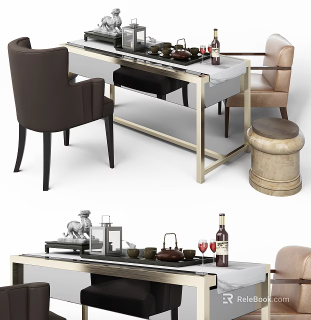 Modern Table And Chair Set With Brown Leather Seats Metal Frame And Tea Wine Accessories 3d model 
