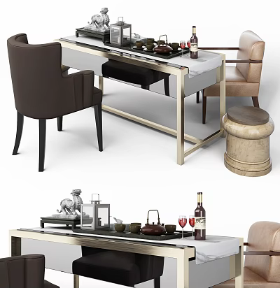 Modern Table And Chair Set With Brown Leather Seats Metal Frame And Tea Wine Accessories 3d model