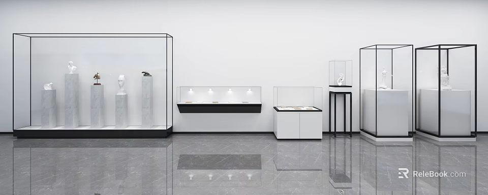 Modern Glass Display Cabinets And Shelves With Lighting In Exhibition Hall Setup 3d model 