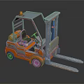 Orange Industrial Forklift With Metal Cab And Front Forks On Black Surface