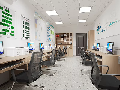 Modern Public Office Interior With Desks Computers Ergonomic Chairs And Wall Charts 3d model