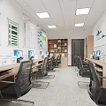 Modern Public Office Interior With Desks Computers Ergonomic Chairs And Wall Charts