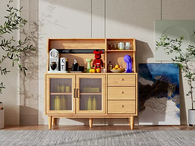 Natural Wooden Sideboard With Open Shelves Coffee Machine Fruits Glass Door Cabinets And Drawers 3d model