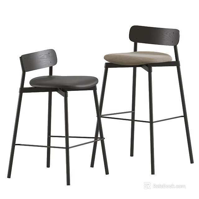 Modern Bar Stools With Wooden Backrest Black Metal Legs And Different Seat Cushions 3d model 