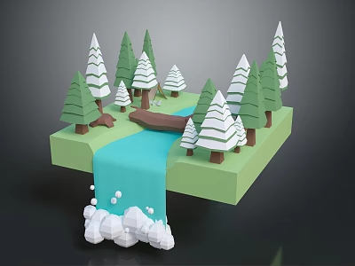 Natural Landscape With Green Platform Snowy Pine Trees Blue River Wooden Bridge And Waterfall Foam 3d model