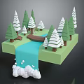 Natural Landscape With Green Platform Snowy Pine Trees Blue River Wooden Bridge And Waterfall Foam