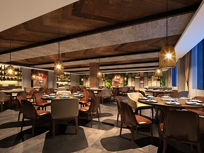 Elegant Banquet Hall Interior Design With Wooden Ceiling Pendant Lights And Dining Tables 3d model