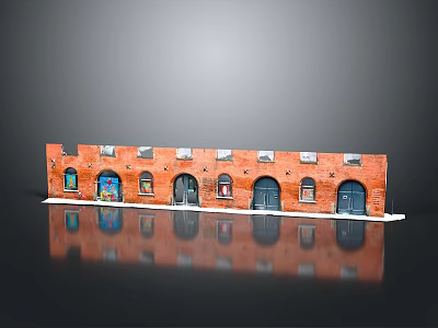 Red Brick Building Model Featuring Arched Doors Windows White Base And Reflection On Black Background 3d model