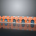 Red Brick Building Model Featuring Arched Doors Windows White Base And Reflection On Black Background 3d model