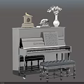Elegant Black Upright Piano with Music Sheet Clock Vase Flowers and Stool as Musical Instrument