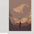 Surreal Landscape Painting With Giant Whale Human Figures And Broken Geometric Tunnels