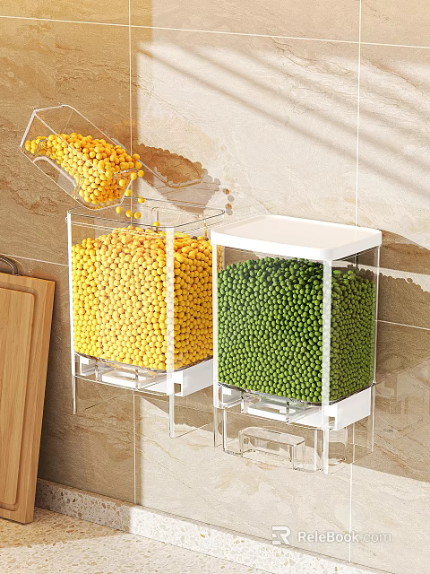 Wall Mounted Transparent Containers With Yellow Green Grains And Wooden Cutting Board 3d model 