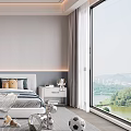 Kids Room Interior With Bed Pillows Toys Soccer Ball Wardrobe And Window View