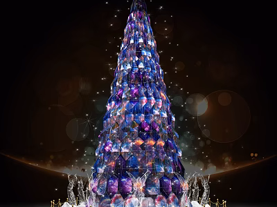 Decorative Christmas Tree With Colorful Ornaments And Sparkling Lights On Dark Background 3d model