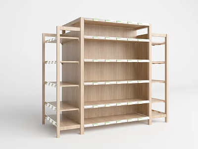 Wooden Multi Tiered Open Display Shelving For Retail Store With Label Strips 3d model