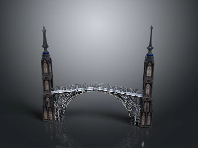 Intricate Gothic Architectural Model With Twin Spired Towers And Arched Bridge 3d model