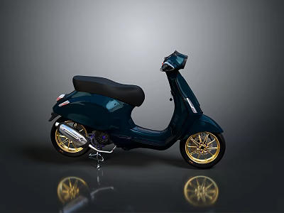 Dark Blue Scooter With Black Seat And Gold Wheels On Reflective Surface 3d model