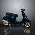 Dark Blue Scooter With Black Seat And Gold Wheels On Reflective Surface