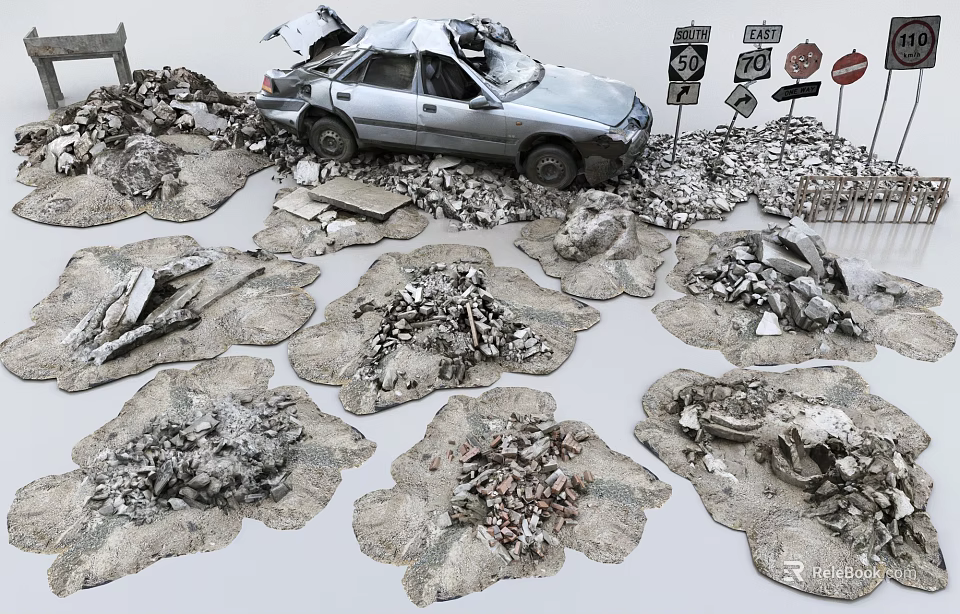 Crashed Silver Car Surrounded By Debris Rubble Road Signs And Scattered Fragments 3d model 