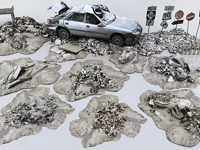Crashed Silver Car Surrounded By Debris Rubble Road Signs And Scattered Fragments 3d model