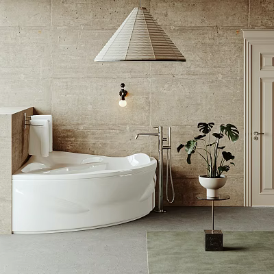 White Bathtub In Minimalist Bathroom With Textured Wall Plants And Lighting 3d model