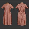 Red And White Striped Collared Short Sleeve Dress With Waist Cinched Detail And Long Length