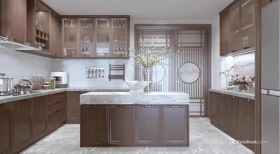 Chinese Style Kitchen Interior With Dark Wood Cabinets Marble Island And Glass Door Upper Cabinets 3d model 