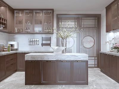 Chinese Style Kitchen Interior With Dark Wood Cabinets Marble Island And Glass Door Upper Cabinets 3d model