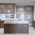Chinese Style Kitchen Interior With Dark Wood Cabinets Marble Island And Glass Door Upper Cabinets
