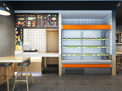 Modern Restaurant Interior With Open Counter Refrigerated Display Menu Board And Bar Stools 3d model