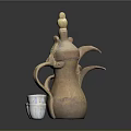 Decorative Ceramic Vessels Large Copper Pitchers and Small White Patterned Cups with Glossy Surface 3d model