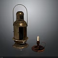 Vintage Brass Lantern And Red Candlestick With Lit Candle On Dark Background