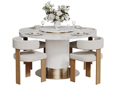 Elegant Round Dining Table And Chairs Set With Marble Top Gold Base And Wooden Legs 3d model