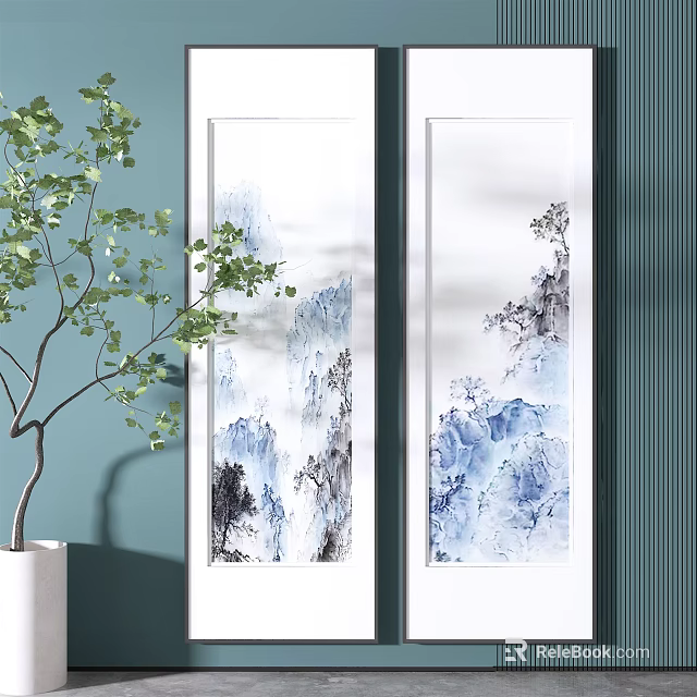 Traditional Chinese Landscape Painting Screen Featuring Green Blue Mountain Scenery Indoor Decor 3d model 