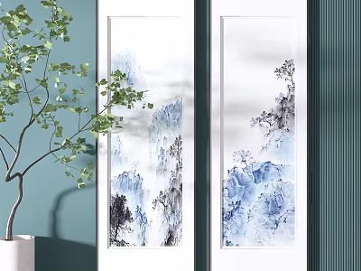 Traditional Chinese Landscape Painting Screen Featuring Green Blue Mountain Scenery Indoor Decor 3d model