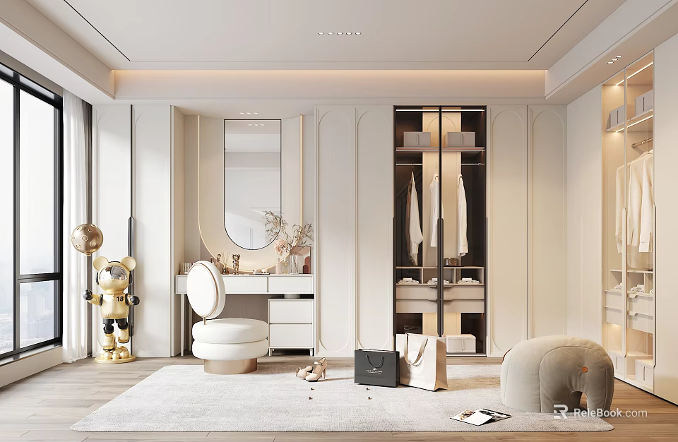 Modern Light Luxury Walk in Closet With Dressing Table And Decorations 3d model 