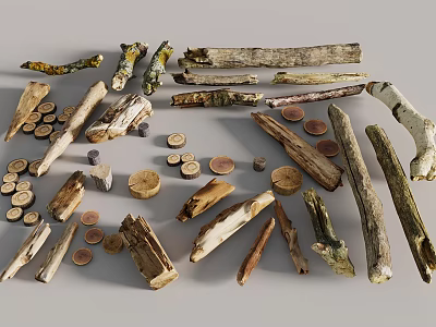 Natural Stone and Wood Materials Collection Including Branches Blocks and Round Slices 3d model