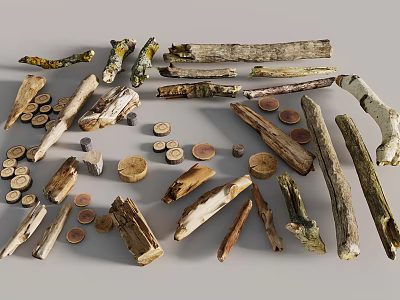 Natural Stone and Wood Materials Collection Including Branches Blocks and Round Slices 3d model