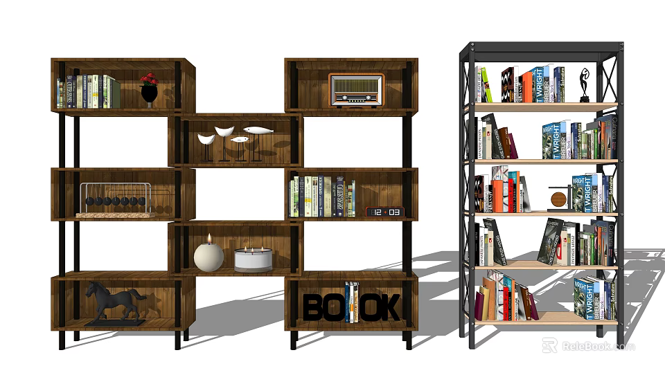 Modern Wooden And Metal Bookcase Design With Books Decorations And Stylish Compartments 3d model 